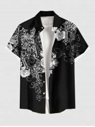 Plus Size Rose Flower Branch Cross Butterfly Print Button Pocket Shirt For Men -  