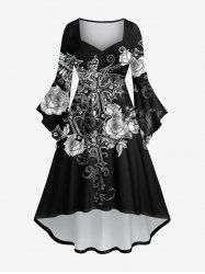 Robe Asymétrique Haute Basse Croisée Branche de Rose et Papillon Imprimés de Grande Taille - Noir M
