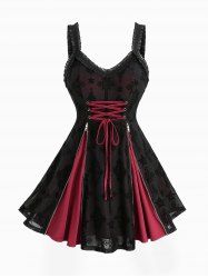 Plus Size Cross Flocking Mesh Grommets Lace-up Zipper Ruffles Lace Trim Tank Top -  