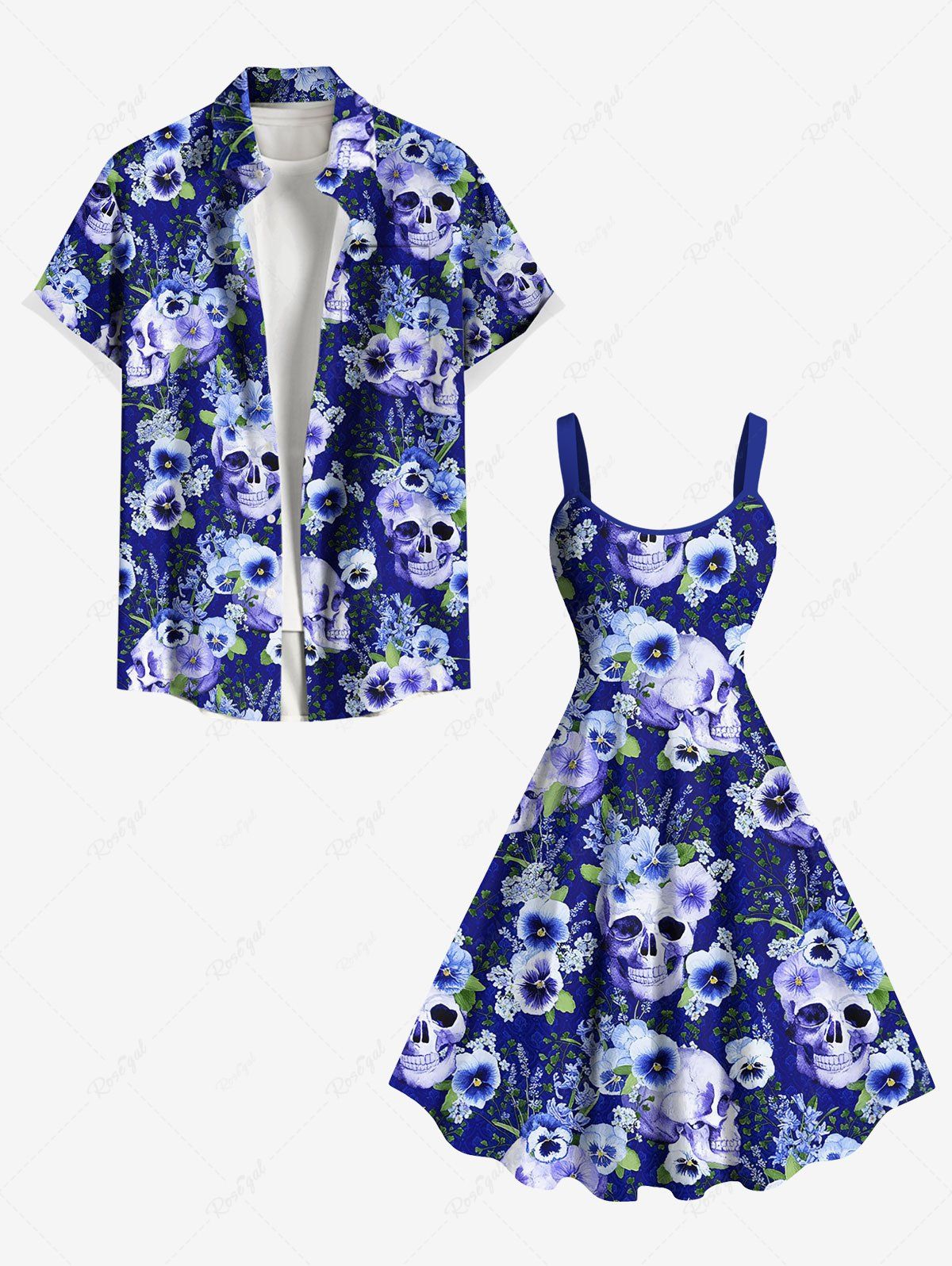 Shops Skulls Flowers Leaf Print Plus Size Matching Hawaii Beach Outfit For Couples  