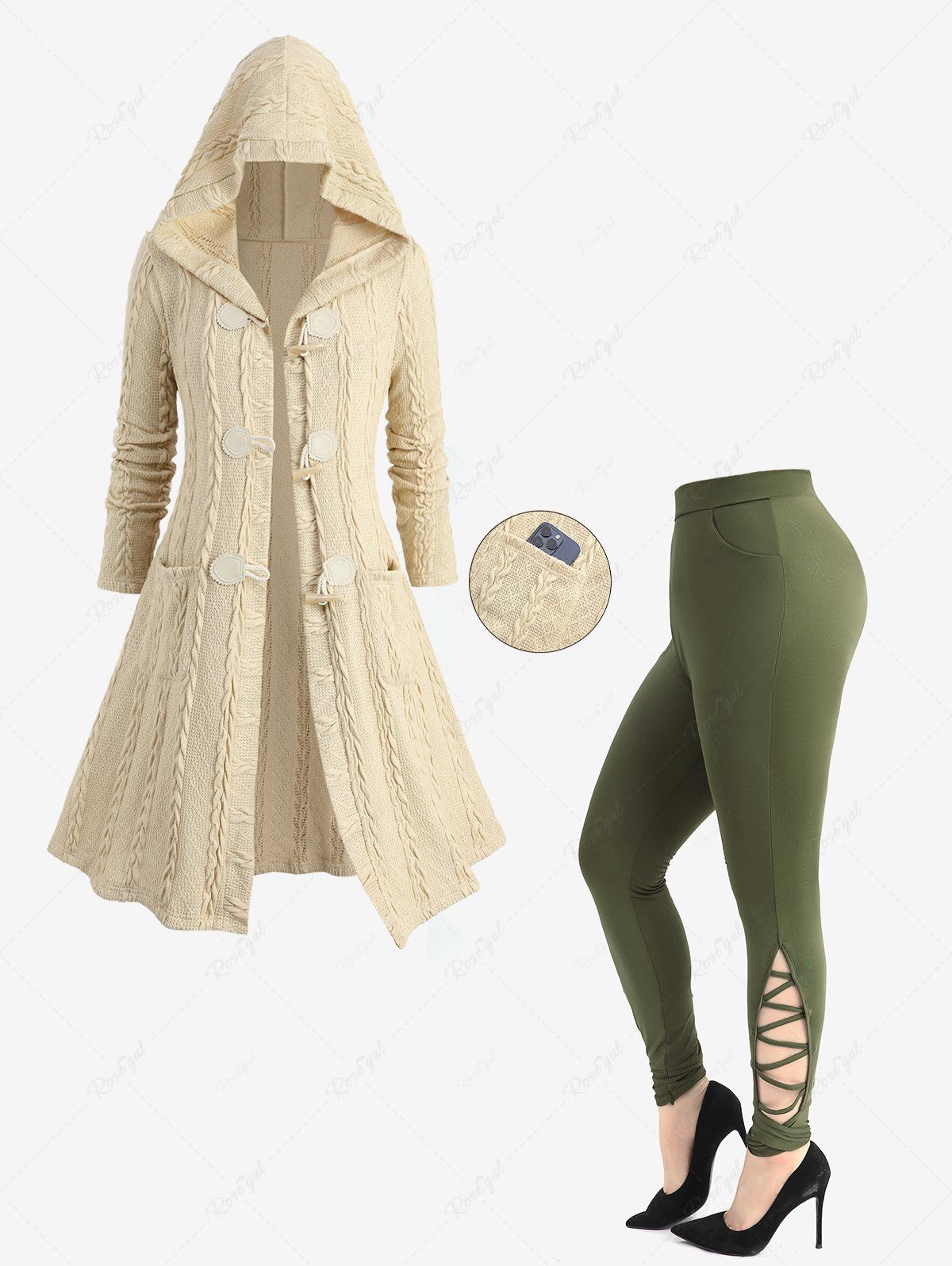 Affordable Cable Knit Horn Buttons Hooded Coat and Crisscross Hollow Out Side Leggings Plus Size Outfit  