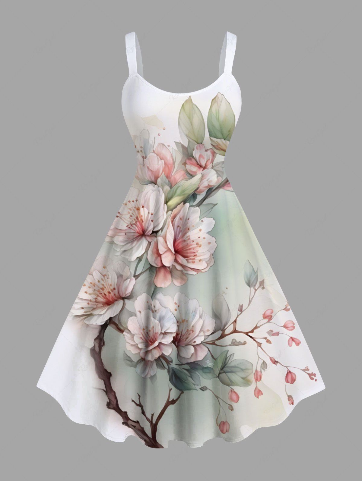 Sale Plus Size Peach Blossom Flower Leaf Ombre Print Hawaii Tank Dress  