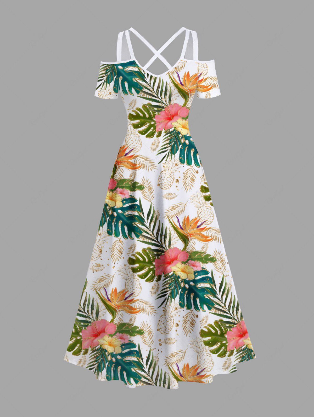 Outfit Plus Size Tropical Leaf Flower Pineapple Print Cold Shoulder Crisscross Hawaii Maxi Dress  