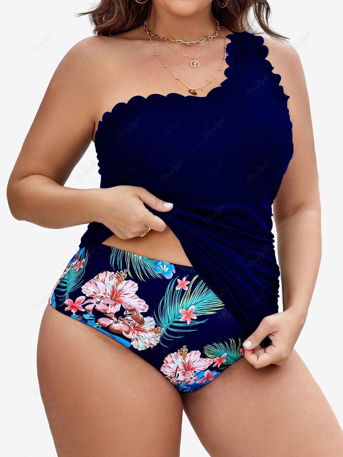 Latest Plus Size Tropical Leaves Floral Print Hawaii Scalloped Trim Ruched One Shoulder Tankini Swimsuit  