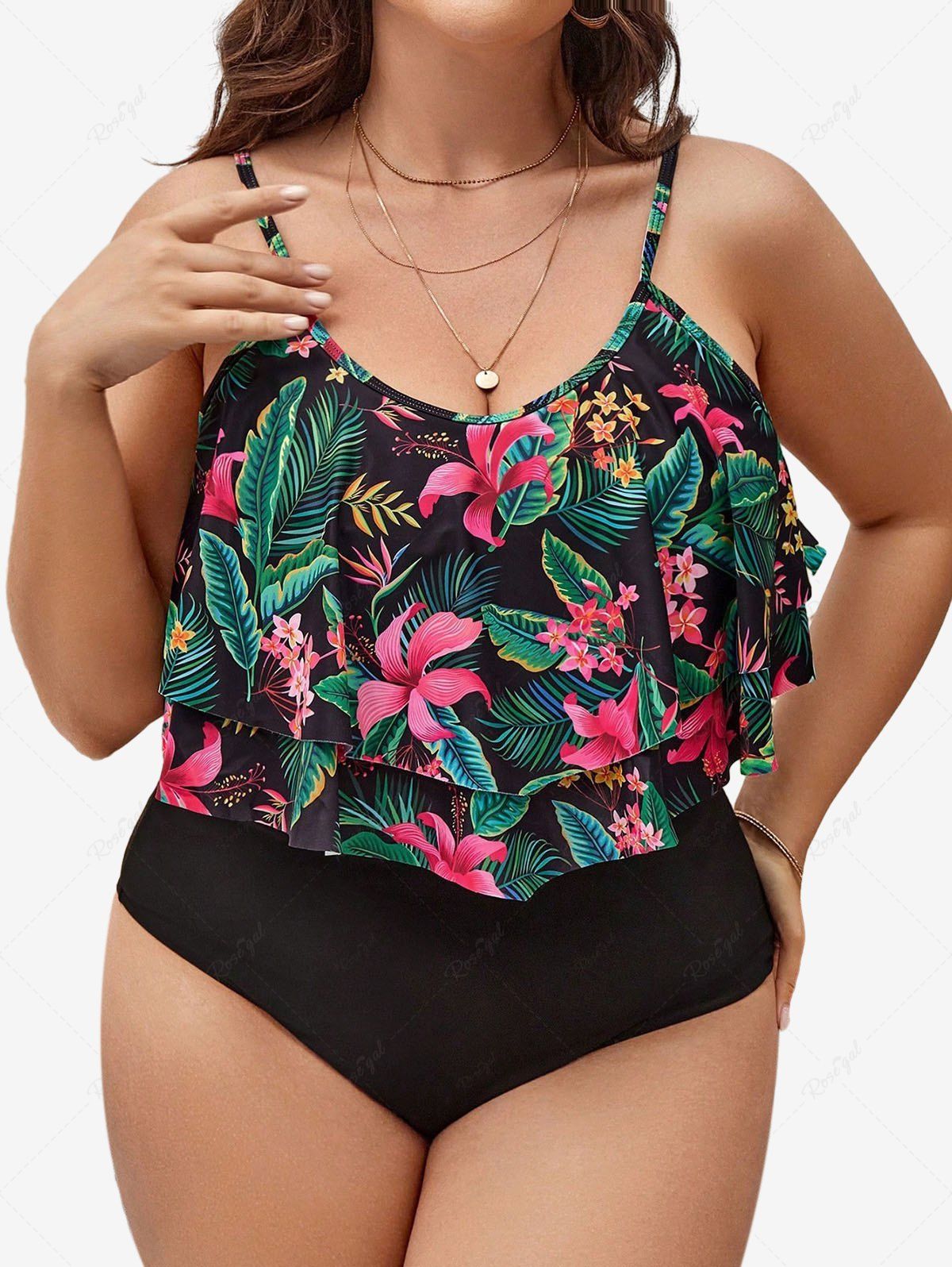 Latest Plus Size Tropical Leaf Flower Print Layered Cover Hawaii Tankini Swimsuit  