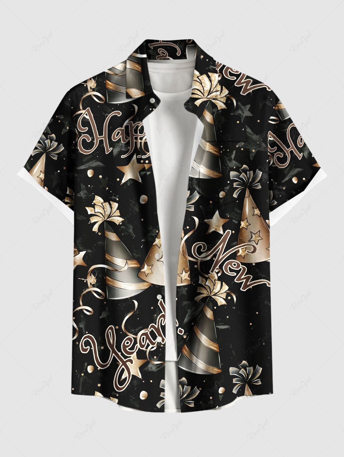Fashion Plus Size Star Striped Hat Letters Galaxy Print New Years Button Pocket Shirt For Men  