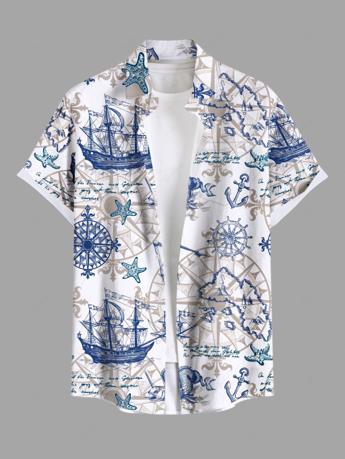 Cheap Plus Size Ship Anchor Steering Wheel Print Hawaii Button Pocket Shirt For Men  