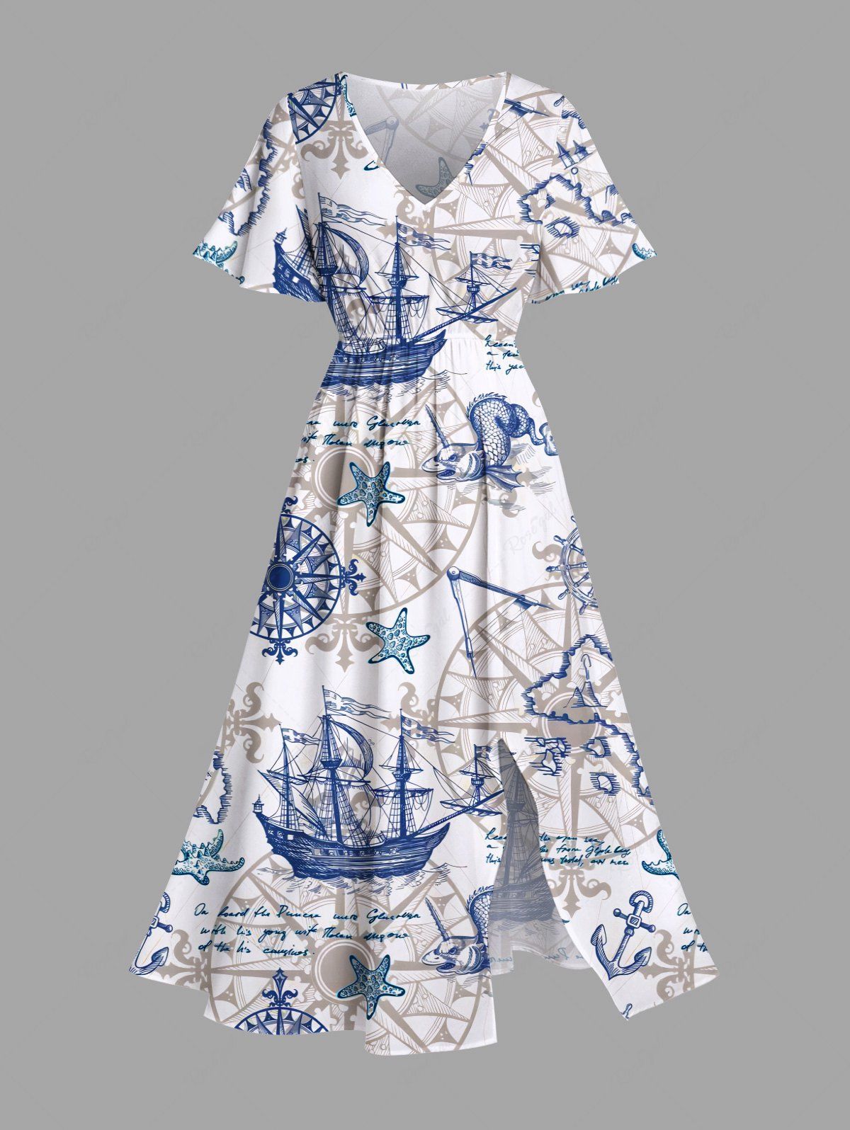 Hot Plus Size Ship Anchor Steering Wheel Print Hawaii Split Pocket A Line Midi Dress  