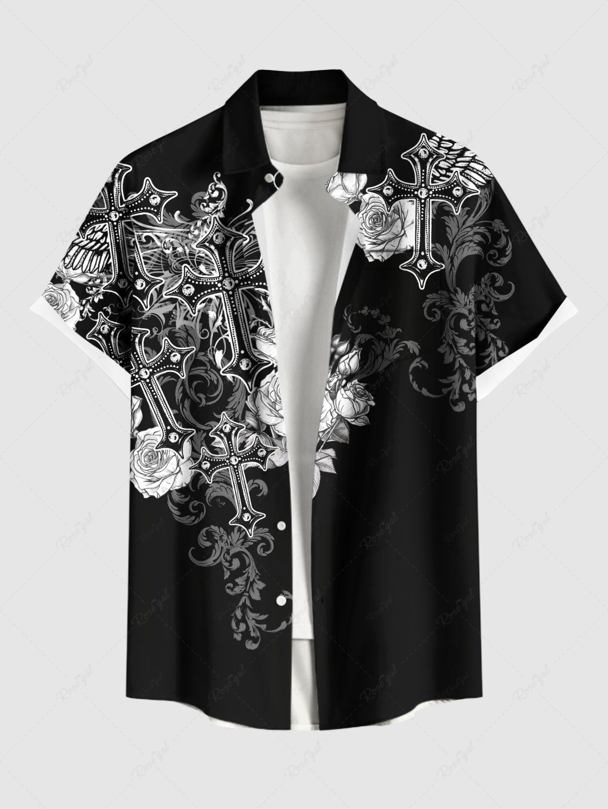 Sale Plus Size Rose Flower Branch Cross Butterfly Print Button Pocket Shirt For Men  
