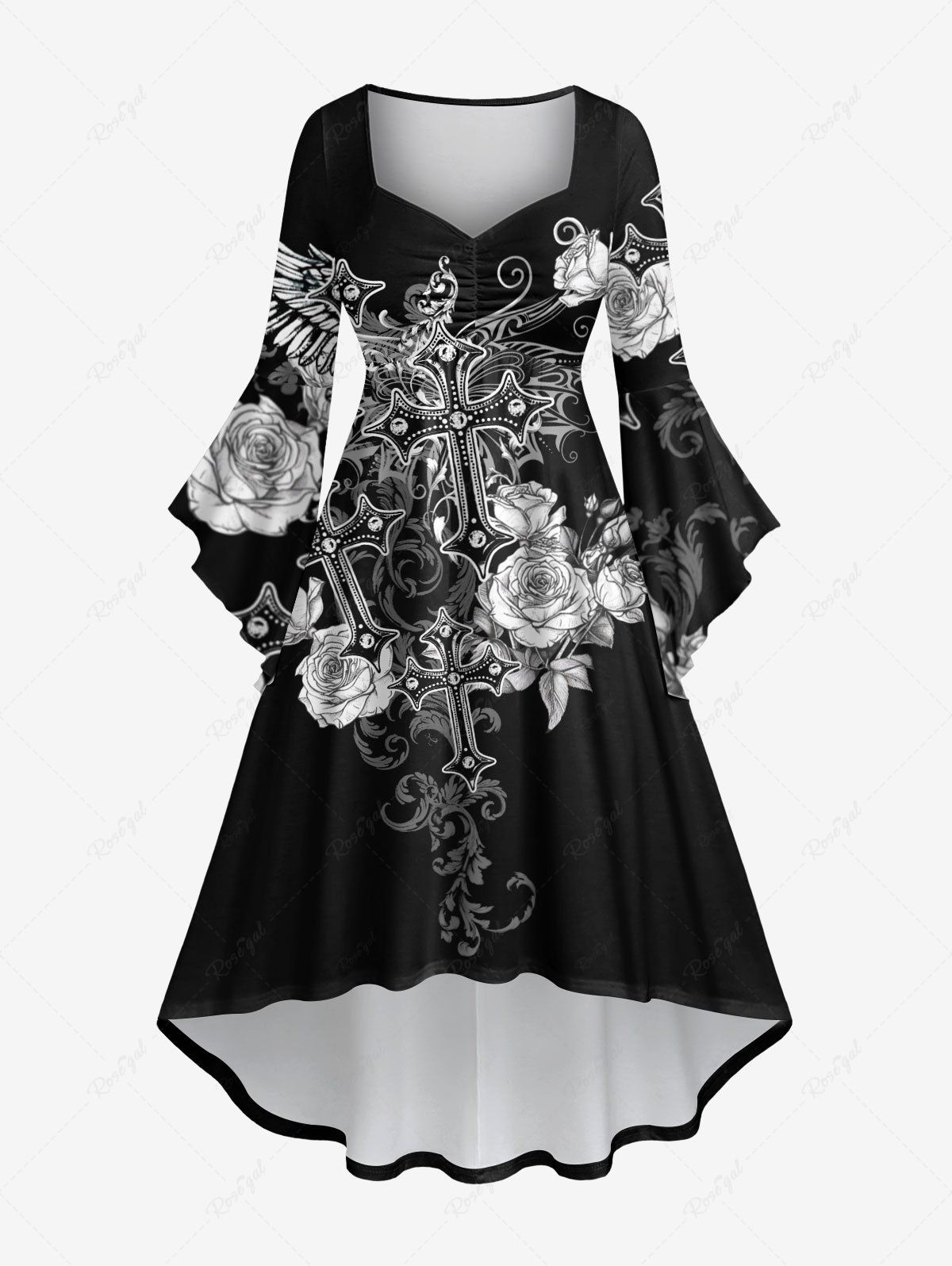 Fancy Plus Size Rose Flower Branch Cross Butterfly Print Ruched High Low Asymmetric Dress  