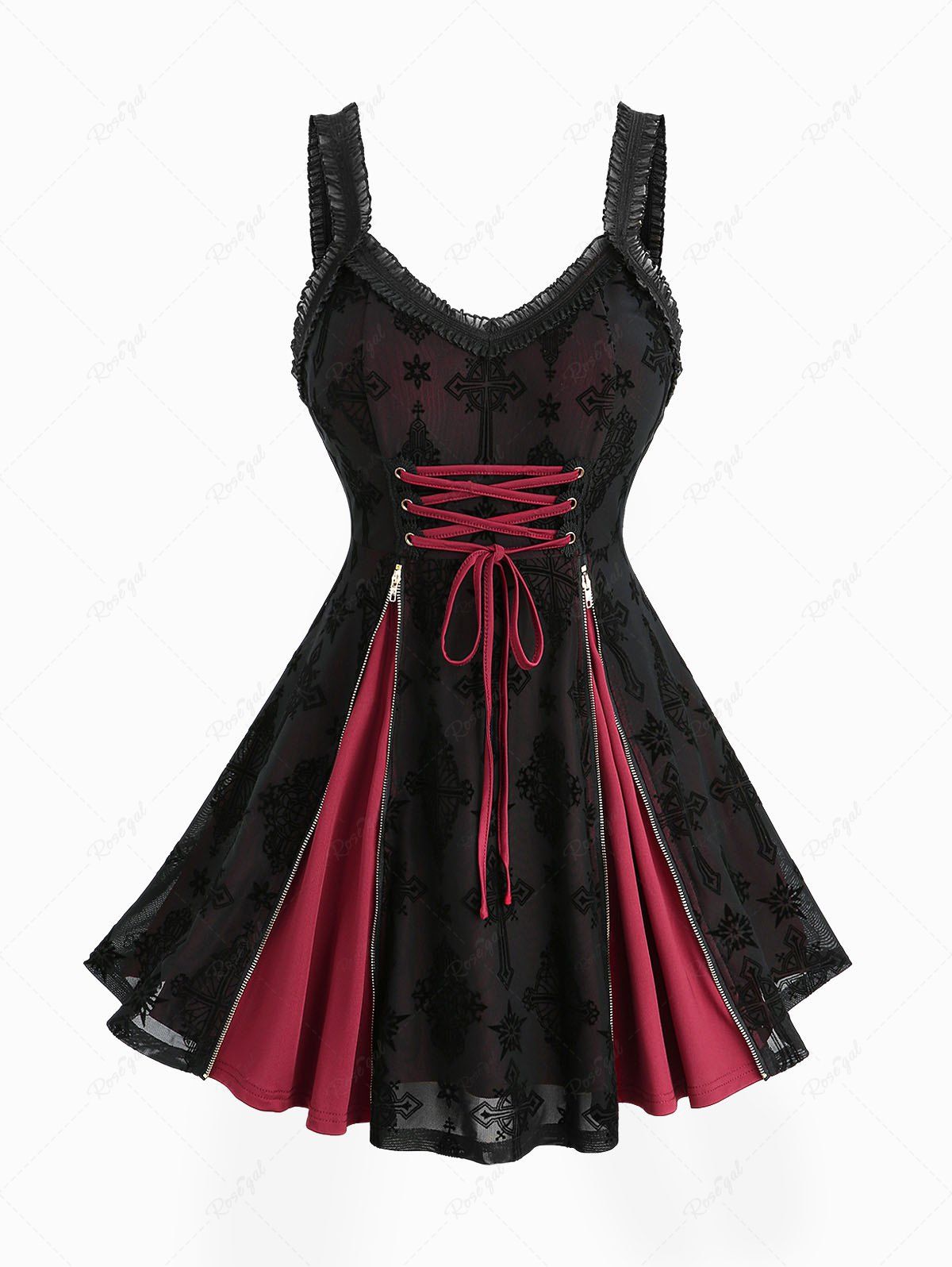 Discount Plus Size Cross Flocking Mesh Grommets Lace-up Zipper Ruffles Lace Trim Tank Top  