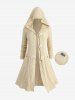 Cable Knit Horn Buttons Hooded Coat and Crisscross Hollow Out Side Leggings Plus Size Outfit -  