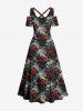 Plus Size Rose Flower Leaf Tie Dye Print Cold Shoulder Crisscross Hawaii Maxi Dress -  