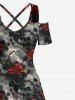 Plus Size Rose Flower Leaf Tie Dye Print Cold Shoulder Crisscross Hawaii Maxi Dress -  