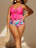 Plus Size Cinched Hollow Out Flower Leaf Tropical Print Bottom Tankini Swimsuit -  