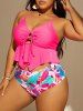 Plus Size Cinched Hollow Out Flower Leaf Tropical Print Bottom Tankini Swimsuit -  