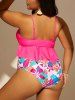 Plus Size Cinched Hollow Out Flower Leaf Tropical Print Bottom Tankini Swimsuit -  