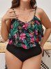 Plus Size Tropical Leaf Flower Print Layered Cover Hawaii Tankini Swimsuit -  