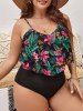 Plus Size Tropical Leaf Flower Print Layered Cover Hawaii Tankini Swimsuit -  