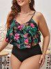 Plus Size Tropical Leaf Flower Print Layered Cover Hawaii Tankini Swimsuit -  