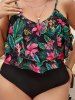 Plus Size Tropical Leaf Flower Print Layered Cover Hawaii Tankini Swimsuit -  