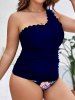 Plus Size Tropical Leaves Floral Print Hawaii Scalloped Trim Ruched One Shoulder Tankini Swimsuit -  