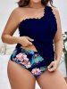 Plus Size Tropical Leaves Floral Print Hawaii Scalloped Trim Ruched One Shoulder Tankini Swimsuit -  