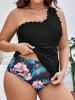 Plus Size Tropical Leaves Floral Print Hawaii Scalloped Trim Ruched One Shoulder Tankini Swimsuit -  