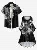 Plus Size Rose Flower Branch Cross Butterfly Print Ruched High Low Asymmetric Dress -  
