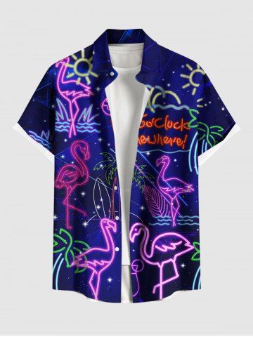 Plus Size Coconut Tree Flamingo Sun Pineapple Juice Print Buttons Pocket Hawaii Shirt For Men - PURPLE - S