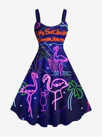 Plus Size Coconut Tree Flamingo Sun Pineapple Juice Print Hawaii Tank Dress - PURPLE - XS