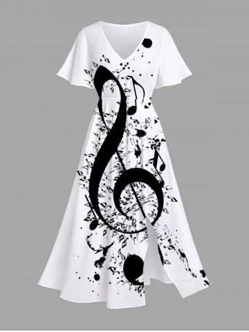 Plus Size Music Notes Ink Painting Splatter Print Split Midi Dress - WHITE - L