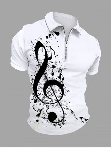 Plus Size Music Notes Ink Painting Splatter Print Zipper Polo Shirt For Men - WHITE - M