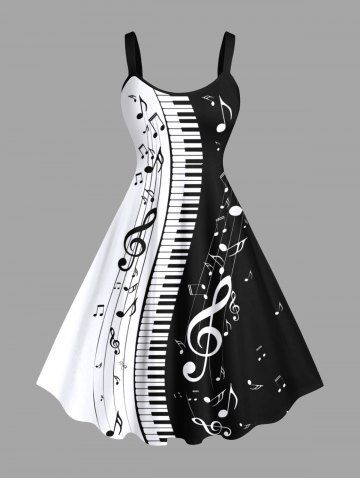 Plus Size Music Festival Colorblock Notes Piano Keys Print Tank Dress - BLACK - XS