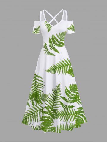 Plus Size Coconut Tropical Leaves Two Tone Print Hawaii Cold Shoulder Crisscross A Line Maxi Dress - GREEN - XS