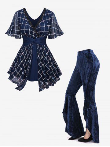 Pantalon Evasé à Carreaux Superposé Brodé en Velours 2 Pièces - DEEP BLUE
