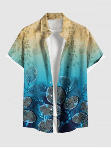 Plus Size Rot Leaves Vine Print Hawaii Ombre Button Pocket Shirt For Men - BLUE - M