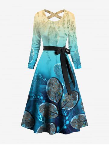 Rot Leaves Vine Branch Print Hawaii Ombre Crisscross A Line Dress with Tied Belt - BLUE - XS