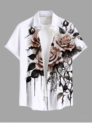 Plus Size Rose Flower Leaf Paint Drop Print Buttons Pocket Hawaii Shirt For Men - WHITE - S