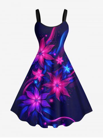 Plus Size Flower Glitter 3D Print Hawaii Tank Dress - BLACK - 6X