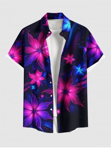 Plus Size Flower Glitter 3D Print Buttons Pocket Hawaii Shirt For Men - BLACK - S