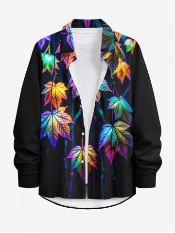 Plus Size Colorful Ombre Maple Leaves Print Hawaii Button Long Sleeves Shirt For Men - BLACK - M