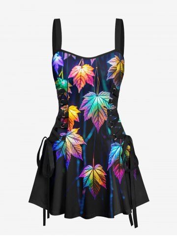 Colorful Ombre Maple Leaves Print Hawaii Lace Up A Line Tank Dress - BLACK - XL