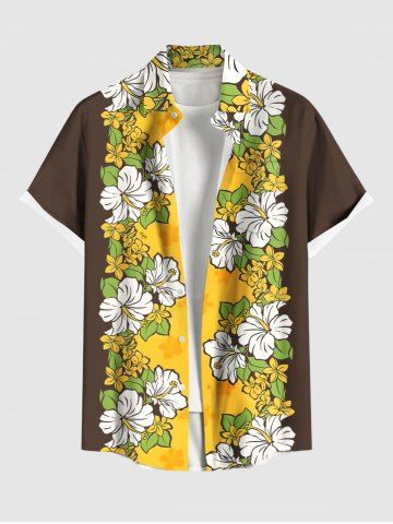 Plus Size Floral Leaves Contrast Colorblock Print Hawaii Button Pocket Shirt For Men - YELLOW - S