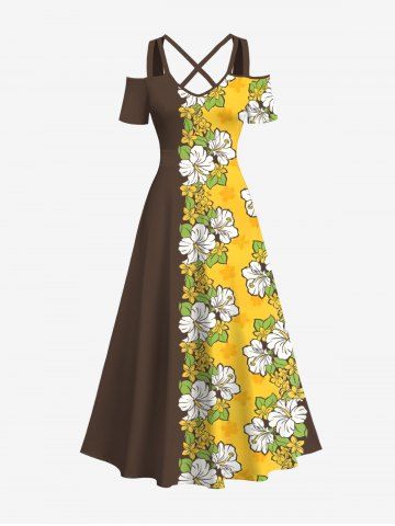 Plus Size Floral Leaves Contrast Colorblock Print Hawaii Cold Shoulder Crisscross A Line Maxi Dress - YELLOW - XS