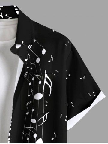 Plus Size Music Festival Colorblock Notes Piano Keys Print Buttons Pocket Shirt For Men