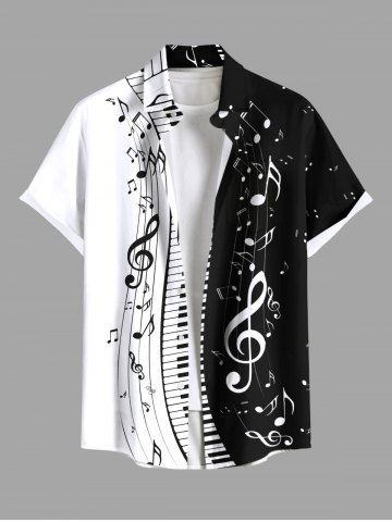 Plus Size Music Festival Colorblock Notes Piano Keys Print Buttons Pocket Shirt For Men - BLACK - XL