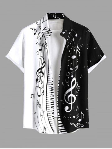 Plus Size Music Festival Colorblock Notes Piano Keys Print Buttons Pocket Shirt For Men - BLACK - M