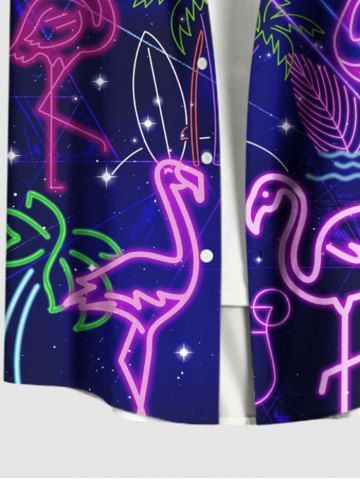 Plus Size Coconut Tree Flamingo Sun Pineapple Juice Print Buttons Pocket Hawaii Shirt For Men