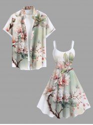 Peach Blossom Flower Leaf Ombre Print Plus Size Matching Hawaii Beach Outfit For Couples -  